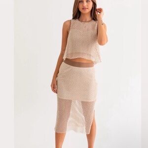 HUNTER & BROWN Leann Crochet Mesh Skirt & Crop Top Set Chic Beige SIZE XS  NWT